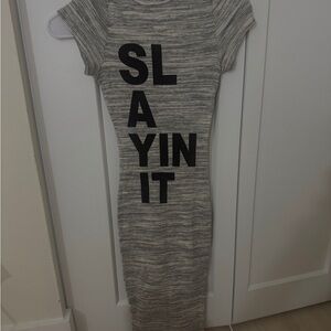 Gray Striped Dress with Bold Lettering